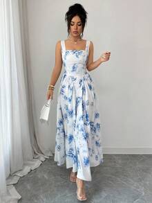 Selianne Đầm nữ mùa hè mới, đầm xòe cổ vuông, hở lưng, thắt nơ, dáng chữ A in hoa màu xanh nhạt, đầm hè nữ, đầm đi biển, trang phục đi biển nữ, đầm nữ thanh lịch, đầm xanh trắng, trang phục dự tiệc cưới cho nữ. - Màu xanh lam - Xem 7