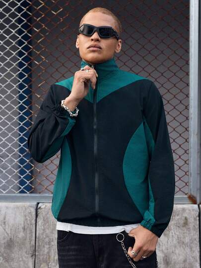 EVRINFINITE 男士休闲撞色拉链立领长袖夹克，搭配字母图案，运动风格，适合日常穿着、外出、运动、上学、聚会和音乐节。可作为礼物送给朋友或男友，Y2K 赛车拉链夹克