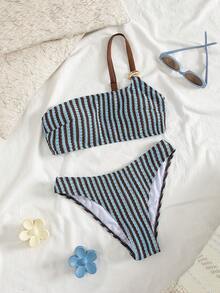 Swim Mod 女士春夏沙滩音乐节条纹针织提花单肩金属首饰时尚优雅比基尼套装 - 彩色 - 查看 3