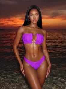 Swim Vcay Summer Beach Frill Trim Bandeau Bikini Set - Purple - View 2