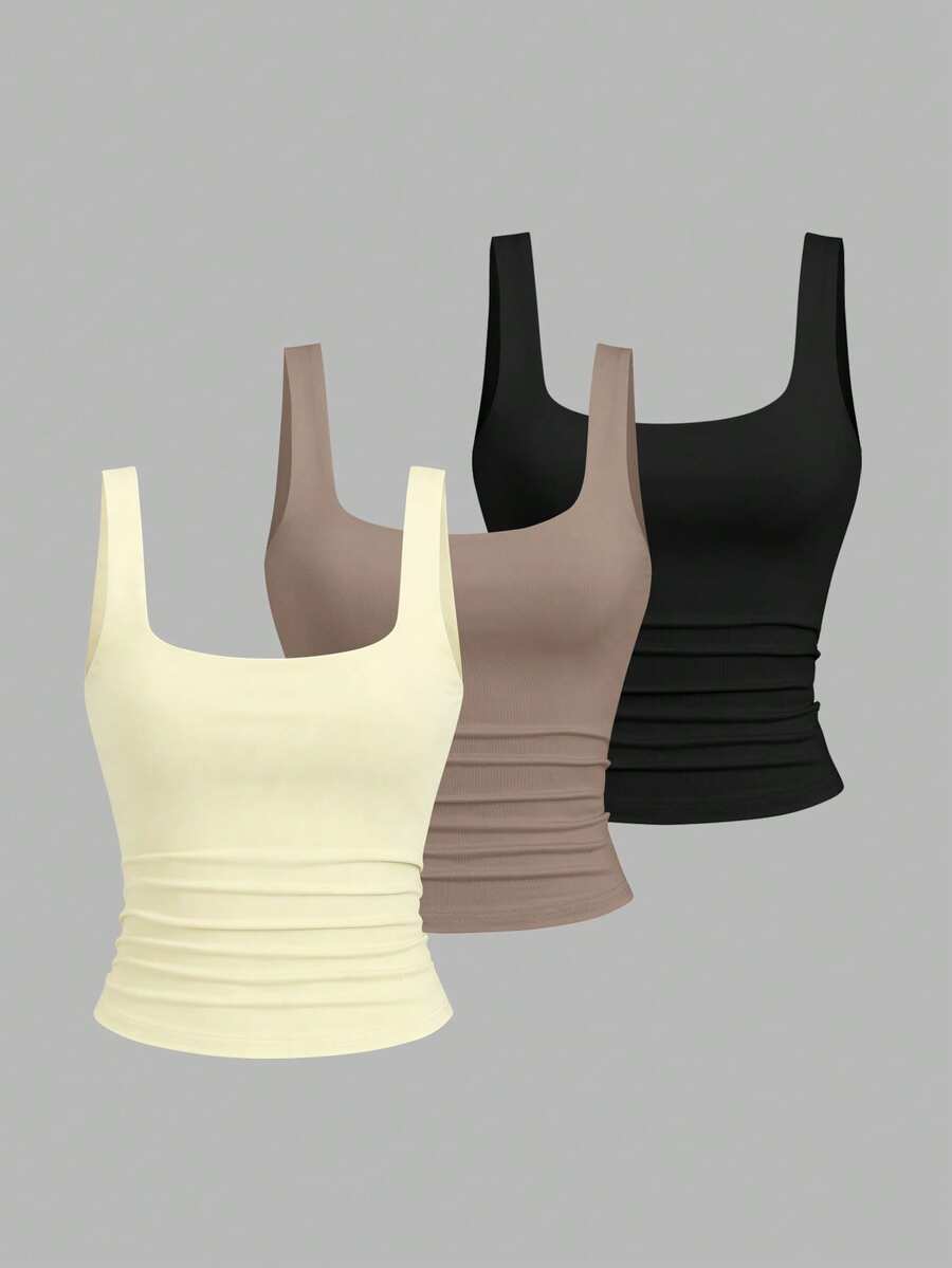 Sweetra Áo tank top cổ tròn xếp ly dáng rộng dành cho nữ, thích hợp mặc mùa hè. - Nhiều màu - Xem 1