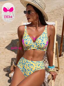 SHEIN DD+ Women's Sexy DD+ Push-Up Ditsy Floral Bikini Set, Spring/Summer - Multicolor - View 4