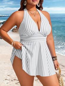 Swim Lushoire 大码女士两件式条纹印花腰部褶皱挂脖式吊带泳衣，成熟简约休闲度假泳装 - 彩色 - 查看 1