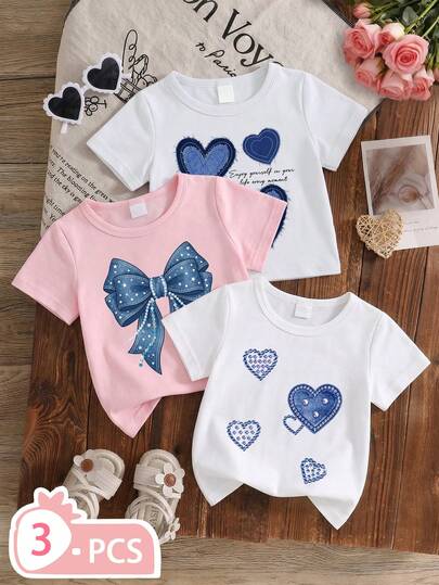 3件套婴幼儿女童（6个月-2-3岁）甜美时尚/清新爱心+水钻蝴蝶结印花短袖T恤，轻盈百搭，适合日常穿着、上学、生日派对、野餐、儿童节、春夏秋季等场合。