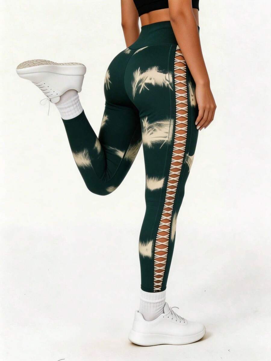 High Performance Tie Dye Leggings With Lace - For Yoga And Workout - 墨綠色 - 查看 1