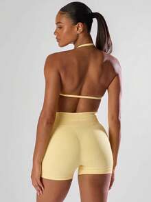 Musera Sport Solid Ruched Bust Open Back Halter Sports Bra, Active Comfy Workout Gym Running Run Club,Padel, Tennis, Pickleball Gym Fitness - Butter Yellow - View 2