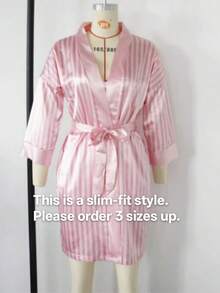 SHEIN Satin Silk Robe Bathrobe Women Silk Pajamas Striped Printing Sleepwear Robes Sexy Robes Nightgown Pajamas - Pink - View 2