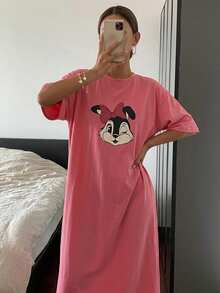 DAZY Cute Cartoon Pattern Print Loose Nightgown Pajama, Moo Moo - Pink - View 2