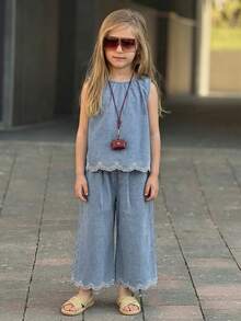 Young Girl Girls Denim Outfit, Fall Vacation - Light Wash - View 2