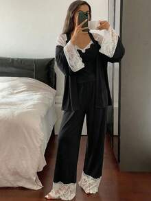 DAZY 3pcs Lace Patchwork Robe, Camisole & Pants Women Sleepwear Pajama Set, Fall & Winter Clothes - Black - View 3
