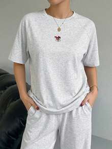 DAZY Cute Cartoon Print Loose Raglan Sleeve Pajamas Set, Casual Homewear - Light Grey - View 2