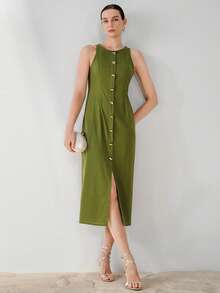 Aveloria Modichic Women's Olive Green Summer Elegant Tea Party Vacation Holiday Dress,Faux Linen Round Neck Asymmetric Metal Buckle Decor Waist Sleeveless Midi Dress - Green - View 4