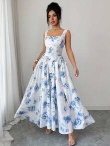 Selianne Đầm nữ mùa hè mới, đầm xòe cổ vuông, hở lưng, thắt nơ, dáng chữ A in hoa màu xanh nhạt, đầm hè nữ, đầm đi biển, trang phục đi biển nữ, đầm nữ thanh lịch, đầm xanh trắng, trang phục dự tiệc cưới cho nữ. - Màu xanh lam - Xem 4