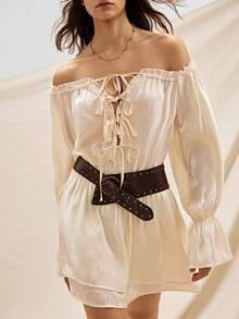 Easelle Bohemian Music Festival Off-Shoulder Ruffle A-Line Romantic Dress For Women - Apricot - View 4