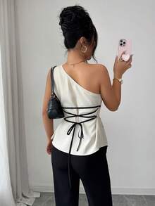 Rafferiza 女士优雅通勤撞色滚边单肩交叉肩带衬衫，夏季 - 杏色 - 查看 2