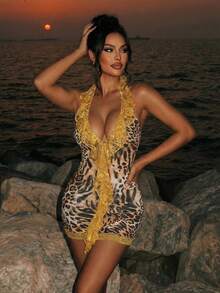 Sirith 豹纹印花撞色蕾丝露背沙滩度假连衣裙，女士，春夏款 - 彩色 - 查看 1