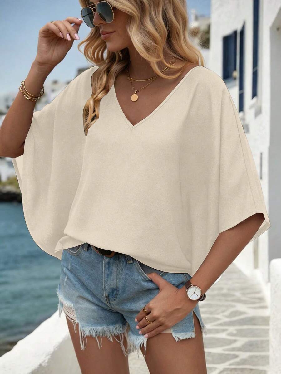 EMERY ROSE 假日休闲简约纯色蝙蝠袖衬衫 - 杏色 - 查看 1