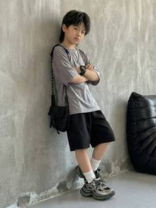 SHEIN Little Byeori 男童休闲韩版宽松大字母印花圆领短袖T恤，适合通勤、上学、日常休闲、运动、春夏穿着 - 灰色 - 查看 7
