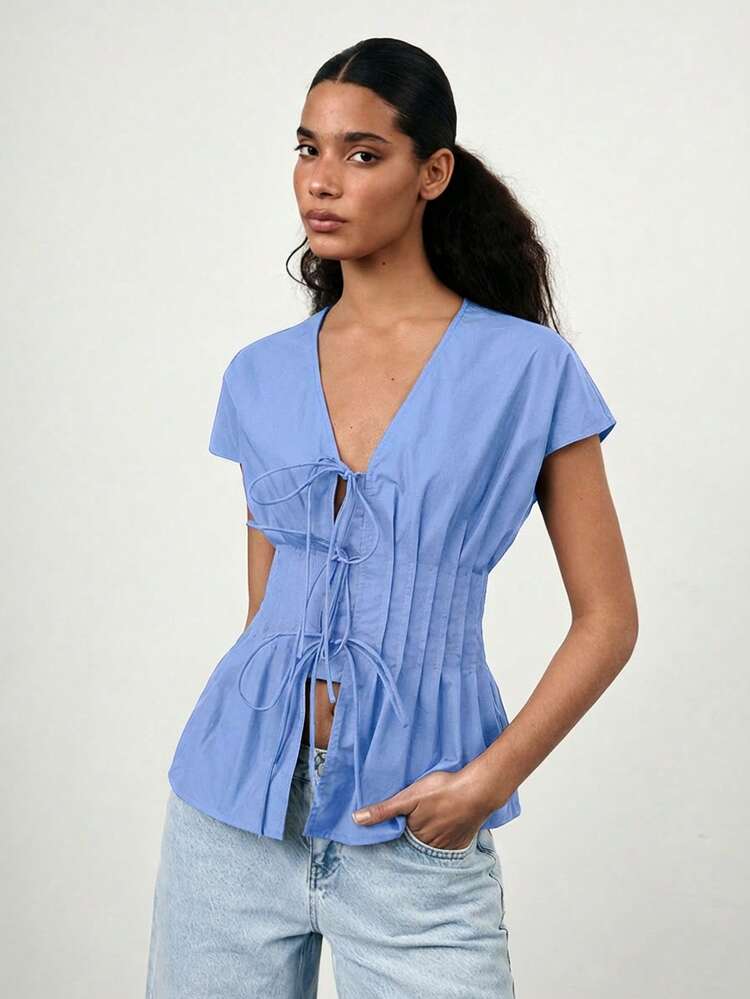 SHEIN Maija Spring/Summer New V-Neck Front Tie Bow Waist Pleated Shoulder Puff Sleeve Women Shirt, Elegant For Carnival Party, Valentine's Day,Summer Top
