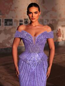 Glamrae Elegantes luxuriöses Off-Shoulder Perlen- & Pailletten-Blumen-Meerjungfrauenkleid, geeignet für Hochzeit, Party, Urlaub, Bankett (stark verziert) - Mauve - Übersicht 8