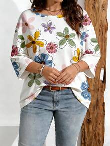 EMERY ROSE Plus Size Women's Fashion Floral Print Drop Shoulder T-Shirt, Suitable For Summer Ladies Tops - Multicolor - View 4