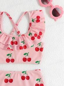 2pcs/Set Fashionable Leopard Print Digital Pattern Swimsuit, Toddler Kids Swimwear - Coffee Brown - View 4