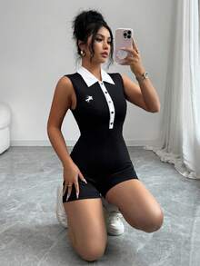 Selianne Women's Casual Everyday/Commute Sleeveless Polo Collar Jumpsuit With Embroidery & Contrast Color, Suitable For Summer - Black - View 4