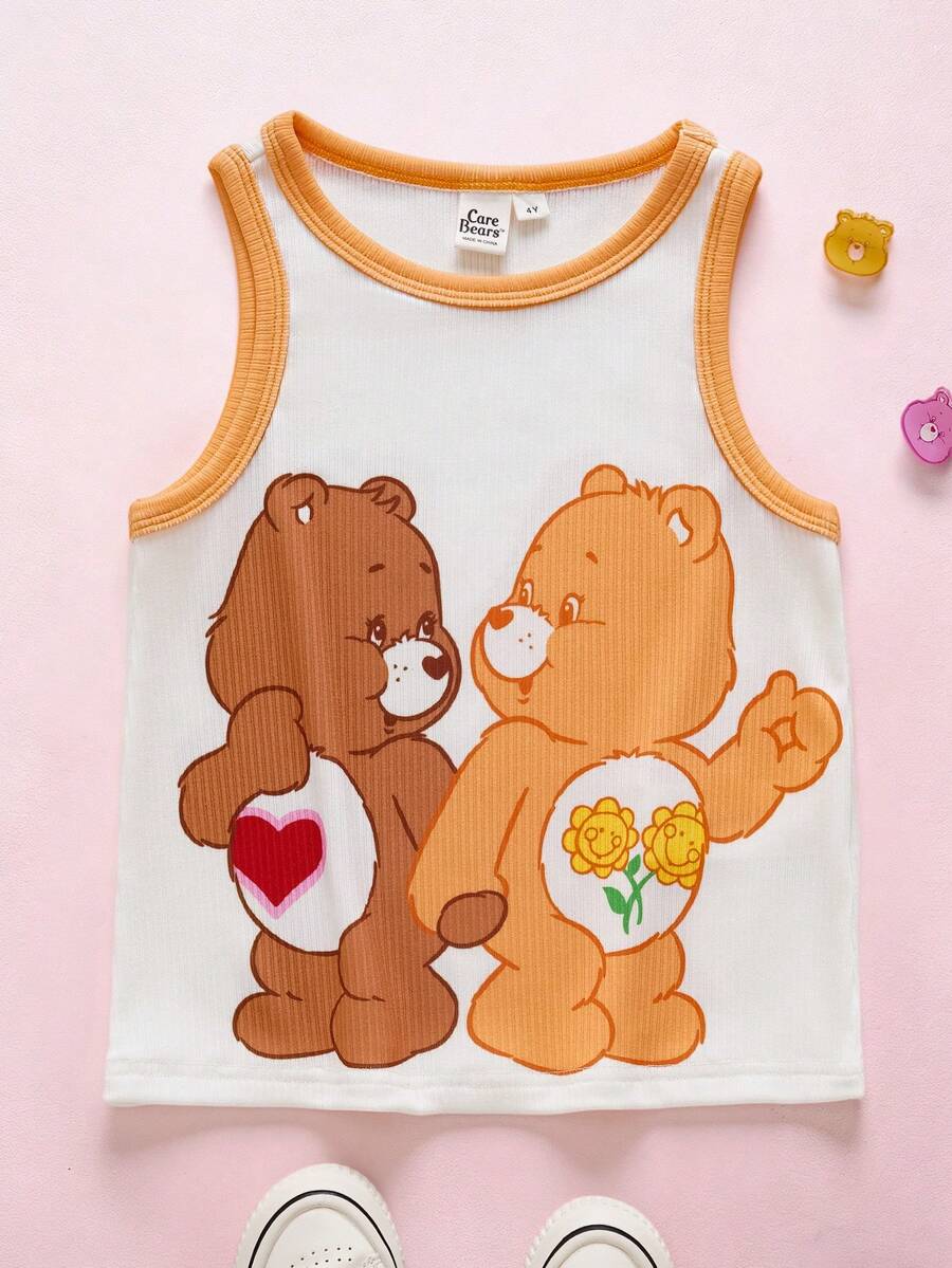 SHEIN X Care Bears 少女可爱卡通印花圆领背心，休闲日常通勤，夏季 - 橘色 - 查看 1