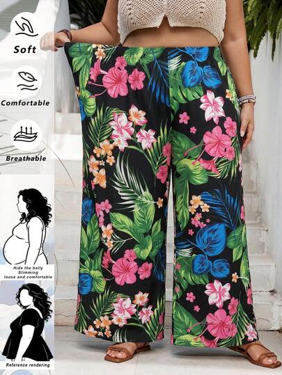SHEIN CURVE+ Curve Size US22Music Festival, Seaside Vacation, Bohemia Women's Striped Elastic Waist Wide Leg Loose Casual Pantssummer/Country/Beach Vacation Outfits/Beach Outfits/Beach Wear Plus Size Vacation Pants Plus Size Wide Leg Pants Tropical Print Pants Plus Size Tropical Pants Plus Size Hawaiian Pants