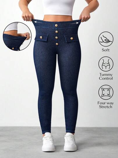 Flexra Quần jean nữ dáng ôm, cạp chun, trang trí cúc kim loại, thích hợp mặc đi làm hàng ngày.