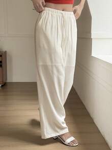 Livesso Women's Casual Solid Color Drawstring Waist Long Pants Summer - White - View 7