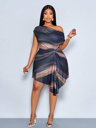 SOLERSUN Vestido mini plisado con degradado y cuello asimétrico para mujer de talla grande, vestido corto sin mangas con estampado degradado y bajo irregular, adecuado para citas, fiestas, invitados de boda, ceremonias de graduación, primavera y verano, vacaciones de verano y otras ocasiones. Nuevo estilo, adecuado para vacaciones de verano, ir al trabajo, bailes, temporada de graduación, temporada de regreso a clases, etc. Elegante, hermoso y encantador.