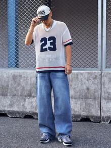 EVRINFINITE 1件 Justice Brother 复古水洗宽松阔腿牛仔裤，休闲情侣款（破洞裤脚） - 淺色水洗藍 - 查看 3