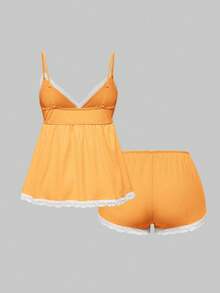 ROMWE Conjunto de pijama casual de camiseta de tirantes con encaje acanalado y pantalones cortos - Naranja - Ver 2