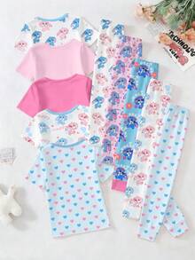 SHEIN GraphicGems 4件套幼儿女童可爱优雅休闲舒适柔软兔子、花朵、爱心卡通印花圆领针织紧身短袖上衣和裤子家居服套装 - 彩色 - 查看 2