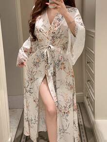 DAZY Robe mi-longue élégante en satin et dentelle avec imprimé floral & botanique pour femmes, pyjama printemps/été - Beige - Voir 8