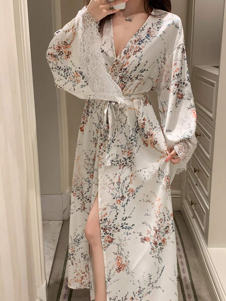 Elegant Floral & Botanical Print Satin & Lace Patchwork Mid-Length Robe For Women, Spring/Summer