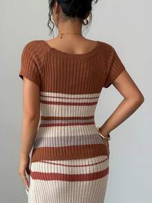 Elenzga 女士春夏新款U领修身常规半袖经典条纹针织时尚百搭休闲套头衫 - 彩色 - 查看 2