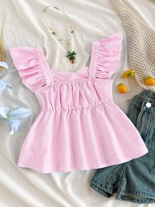 SHEIN Áo sơ mi nữ tuổi teen kiểu dáng đơn giản, thoải mái, cổ vuông, bèo nhún, kẻ sọc. - Hồng - Xem 2