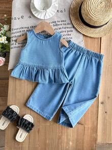 LMoss Kids 2 piezas Conjunto de top sin mangas y pantalones de mezclilla azul claro para niñas bebé - Lavado ligero - Ver 2