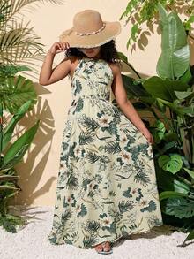 Tween-Mädchen Lässig Urlaubs Tropisch Blumen Muster Kreuz-Rücken Kleid - Verschiedenfarbig - Übersicht 4