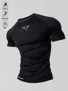Gym Rark 男士公牛印花插肩短袖运动T恤，健身服 - 黑色 - 查看 3