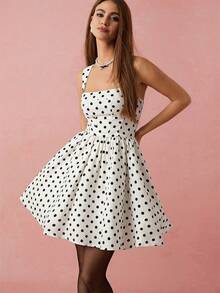 Women's Polka Dot Pattern Square Neck Sleeveless Elegant Dress - White - View 7