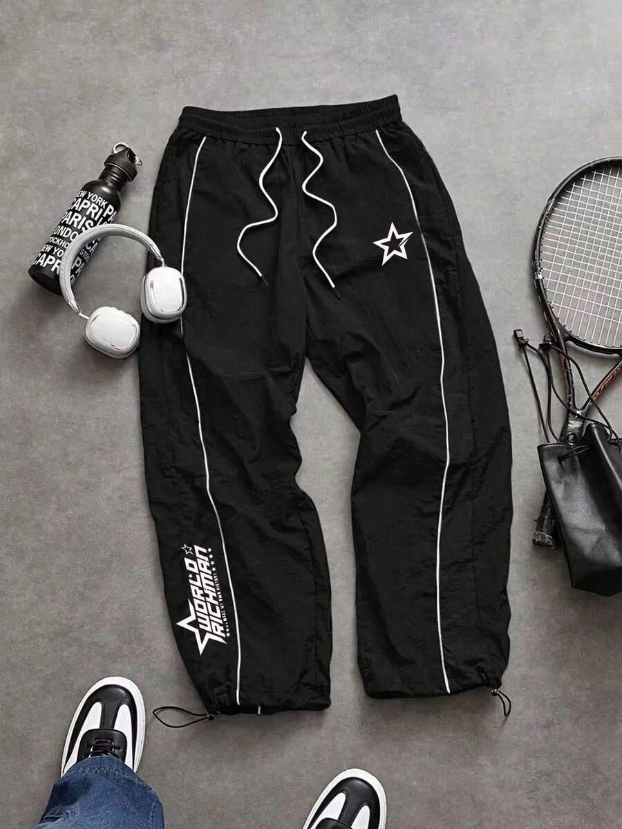 Sport MetroGents Pantalones deportivos para hombre con ribete de contraste e impresión de letras, para gimnasio - Negro - Ver 1
