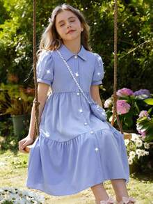 SHEIN Đầm hè thời trang mới 2026 chất liệu mềm mại, co giãn, thích hợp cho kỳ nghỉ, du lịch, đầm cardigan tay cánh hoa cổ bẻ đính ngọc trai cho bé gái, đầm hè dễ thương thắt eo có túi, thích hợp mặc hàng ngày, dự tiệc, đi chơi. - Màu xanh lam - Xem 4