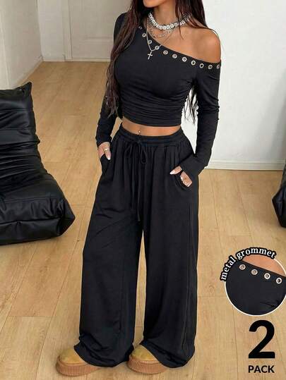 Coolane Conjunto de dos piezas - Top de manga larga de punto con cuello asimétrico y ribete de ojales retro y pantalón ancho de chándal, ropa cómoda y elástica para uso diario, estética Y2K grunge punk gótica, de vuelta al colegio, hip