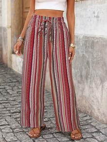 Brillora Quần dài nữ thanh lịch, lãng mạn, cạp chun, phù hợp cho mùa xuân và mùa hè, quần boho cho nữ, quần hè cho nữ, bộ đồ đi nghỉ mát cho nữ, quần tây phong cách Bohemian, trang phục đi biển cho nữ, quần ống rộng kẻ sọc boho đi nghỉ hè 2026, quần ống rộng cạp cao có dây rút, quần ống suông ôm sát thoải mái, trang phục đi nghỉ mát thoáng khí. - Đỏ - Xem 5