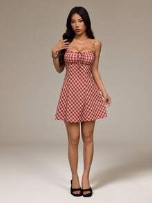 SHEIN PETITE 红色格子系带迷你连衣裙（女款） - 彩色 - 查看 1