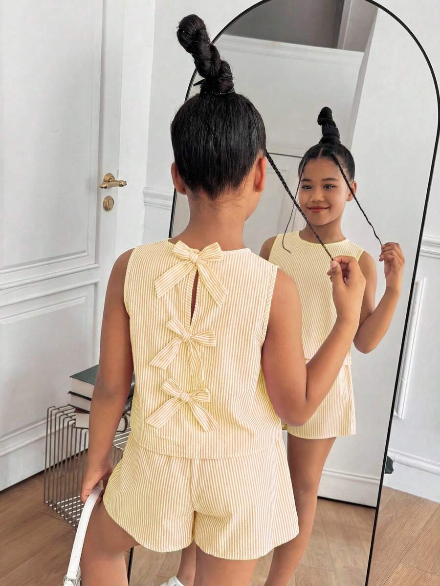 SHEIN Tween Girls Blue And White Stripe,Summer,Cute,Vacation Butterfly Back Tank Top & Shorts Co-Ord Set,2 Piece Textured Fabric Yk2k Youth Kids Outfits - Yellow - View 1