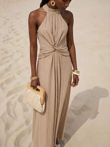 Zivah Women's Solid Color Halter Neck Ruched Vintage Style Long Dress, Suitable For Dates, Parties Resort Dresses Vacation Dresses For Dinner Neutral Dresses For Women Wrap Around Dresses For Ladies Yacht Dress Wrap Dress Wedding Guest Wow Dress - Khaki - View 3